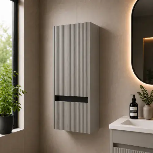 Selinus Matt Grey Fluted Wall Hung Tall Storage Unit - 1 Door & 1 Drawer