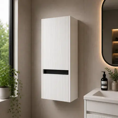 Selinus Matt White Fluted Wall Hung Tall Storage Unit - 1 Door & 1 Drawer
