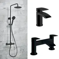 Serpens Bathroom Pack with 1650x700mm Bath, Toilet, Basin, Black Dual Shower and Taps