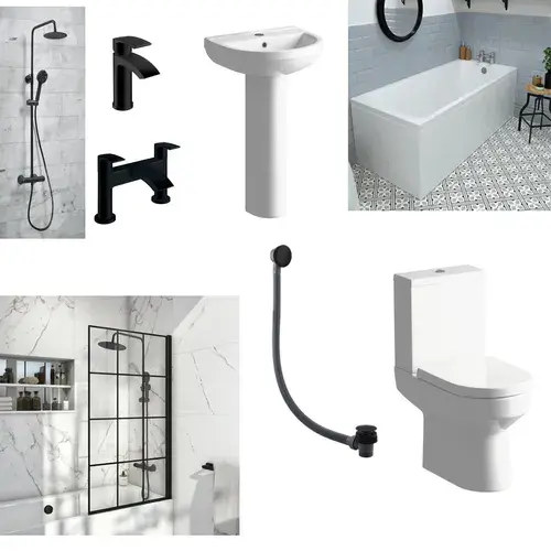 Serpens Bathroom Pack with 1650x700mm Bath, Toilet, Basin, Black Dual Shower and Taps