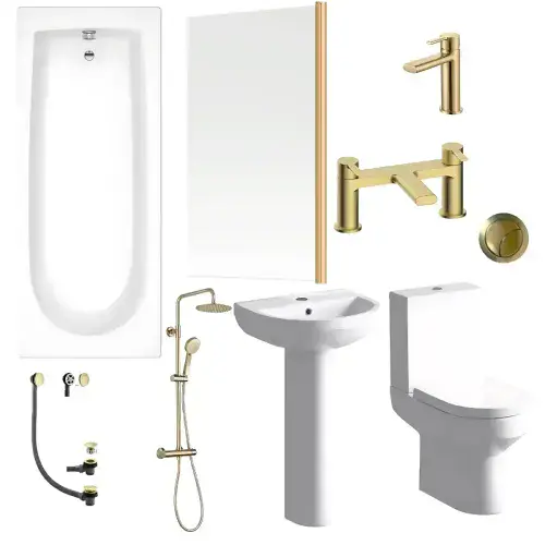 Serpens Brushed Brass Full Bathroom Suite with, Taps, Bath Screen and Dual Shower
