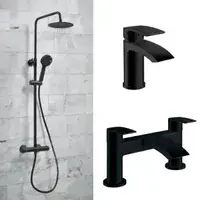 Serpens Matt Black Full Bathroom Pack with Bath Screen, Taps and Dual Shower