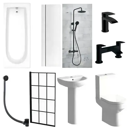 Serpens Matt Black Full Bathroom Pack with Bath Screen, Taps and Dual Shower