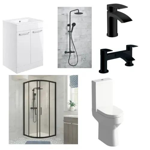 Serpens Matt Black Quadrant Shower Enclosure Suite with Vanity Unit, Toilet, Taps and Dual Shower