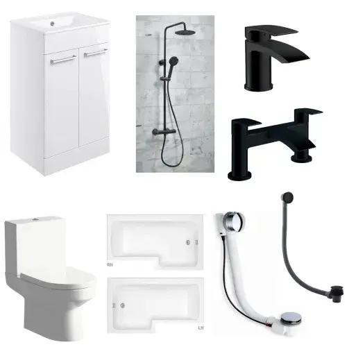 Serpens Matt Black Vanity Unit Bathroom Pack with L Shape Shower Bath and Dual Shower