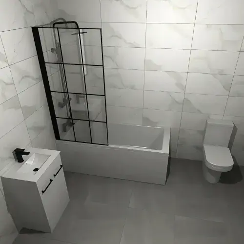 Serpens Vanity Unit Bathroom Suite with 1700x700mm Bath, Matt Black Screen and Dual Shower
