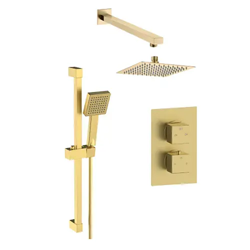 Square Brushed Brass Concealed Shower Pack with Heads. Twin Outlet - BIV