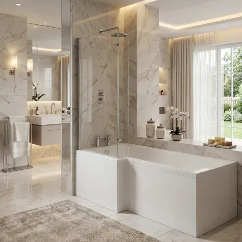 Star Buy L Shape Shower Bath 1700mm, inc Front Panel and Glass Screen