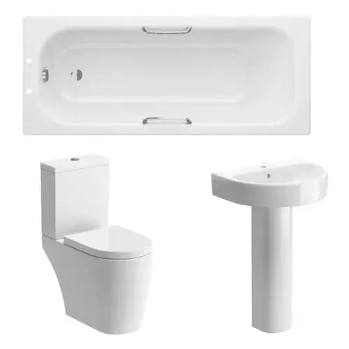 Steel Bath with Grips with Pedestal Basin and Close Coupled Toilet