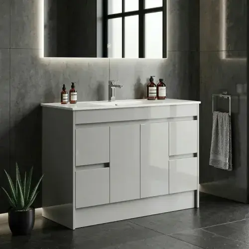 Stockholm 1200mm 100% Waterproof Vanity Unit & Ceramic Basin, Light Grey Gloss (2 Doors & 4 Drawers)