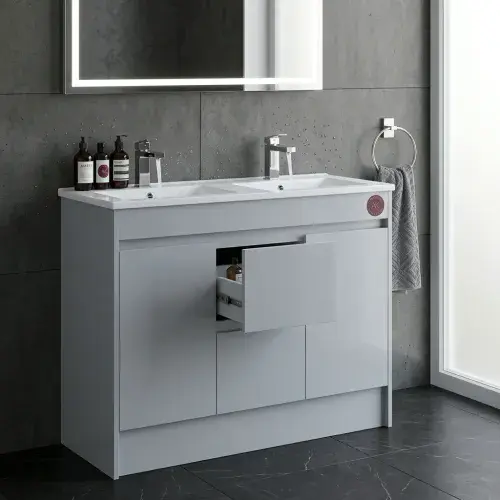 Stockholm 1220mm 100% Waterproof Double Bowl Vanity - Light Grey Gloss (2 Doors & 4 Drawers)