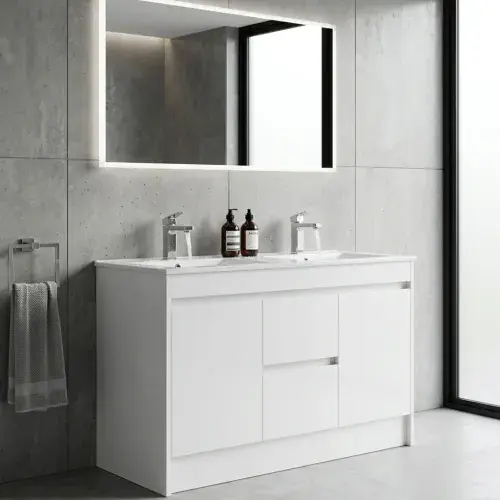 Stockholm 1220mm 100% Waterproof Double Ceramic Basin Vanity - Gloss White (2 Doors & 2 Drawers)