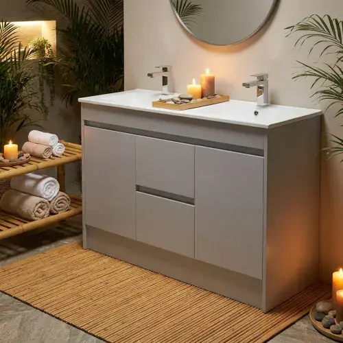 Stockholm 1220mm 100% Waterproof Double Ceramic Basin Vanity, Light Grey Gloss (2 Doors & 4 Drawers)