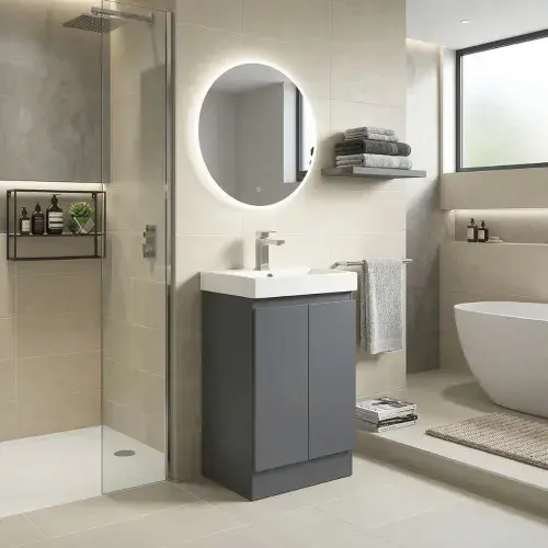 Stockholm 500mm Waterproof Cloakroom Vanity Unit & Basin – Mid Grey Gloss – Lifetime Guarantee