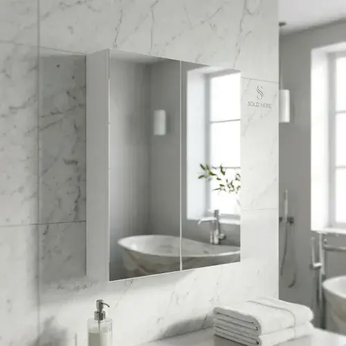 Stockholm 600mm 100% Waterproof Mirrored Bathroom Cabinet - Gloss White (Double Door)