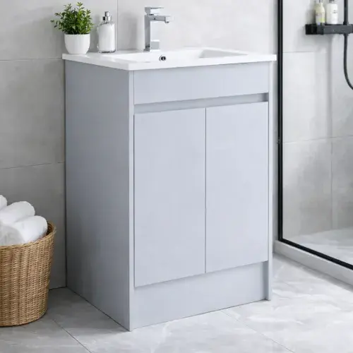 Stockholm 600mm 100% Waterproof Vanity Unit | Light Grey Gloss | Floor Standing | Ceramic Basin