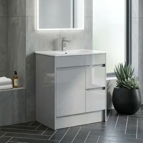 Stockholm 750mm 100% Waterproof Vanity Unit | Light Grey Gloss | Unique Door & Drawer Trio
