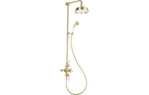 Traditional Brushed Brass Exposed Twin Outlet Shower with Shower Head and Riser Kit