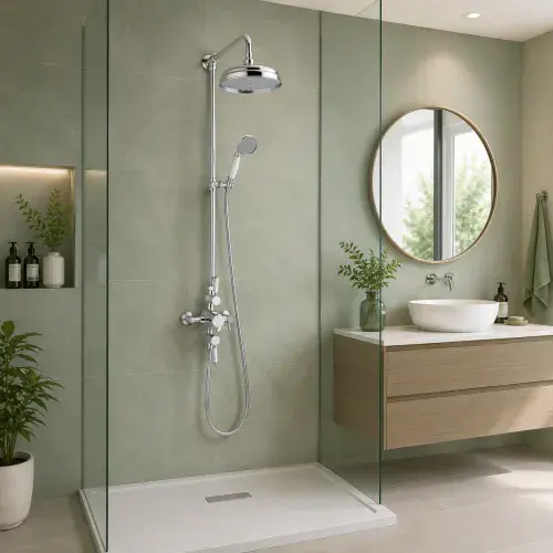 Traditional Riser Kit with Twin Shower Valve, Shower Head & Hose - White & Chrome