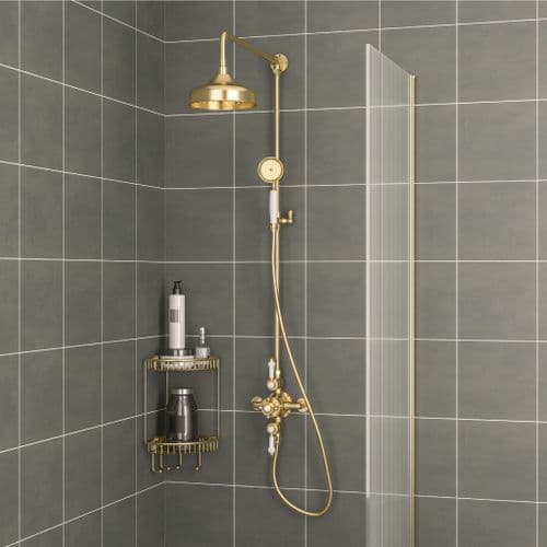 Traditional Twin Shower Valve with Rigid riser with 8'' Rose Head - Brushed Brass