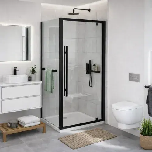 Vantage 2000 Matt Black Pivot Door Glass Shower Enclosure, Various Sizes