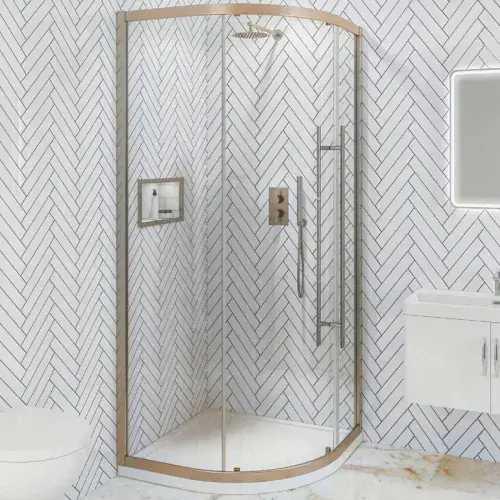 Vantage Brushed Brass Single Door Quadrant Glass Shower Enclosure
