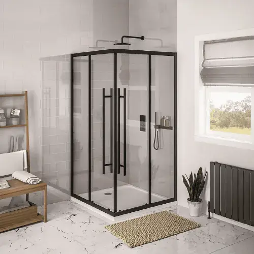 Vantage Matt Black Corner Entry and Offset Corner Entry Glass Shower Enclosure, Various Sizes