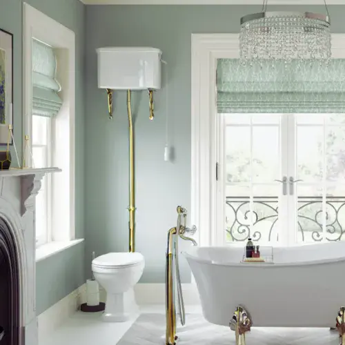 Victorian High Level Toilet with Pan, Brushed Brass Flushpipe, Cistern and Soft Close Seat