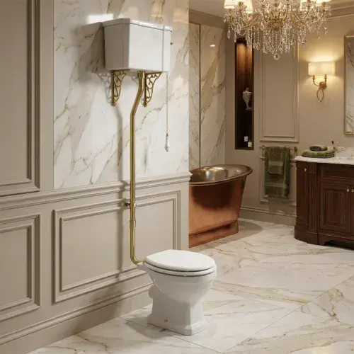 Victorian High Level Toilet with Pan, Brushed Brass Flushpipe, Cistern and Soft Close Seat