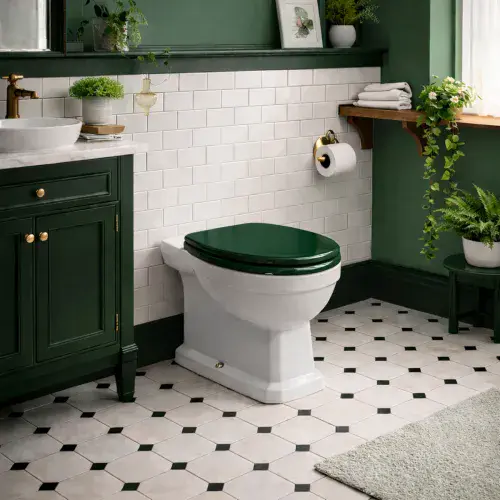 Victorian Style Back To Wall Toilet With Sea Green Soft Close Seat