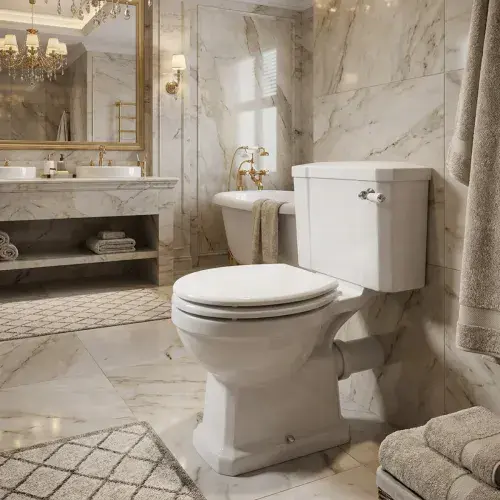 Victorian Style Close Coupled Toilet With White Soft Close Seat, Brass or Chrome Handle