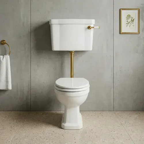 Victorian Style Low Level Toilet, White Soft Close Seat, Brass Flushpipe and Lever Handle