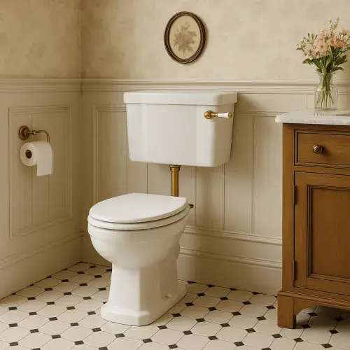 Victorian Style Low Level Toilet, White Soft Close Seat, Brass Flushpipe and Lever Handle