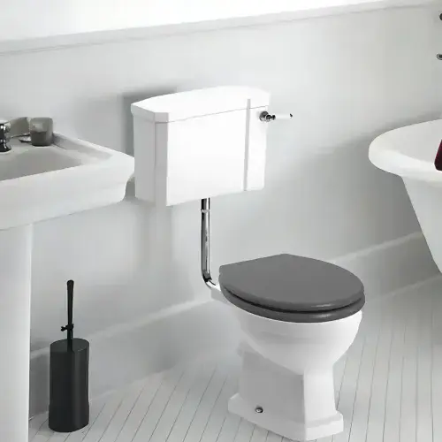 Victorian Style Low Level Toilet with Grey Seat Wood Soft Close Seat