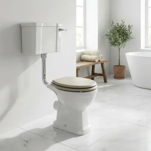 Victorian Style Low Level Toilet with Matt Latte Soft Close Seat