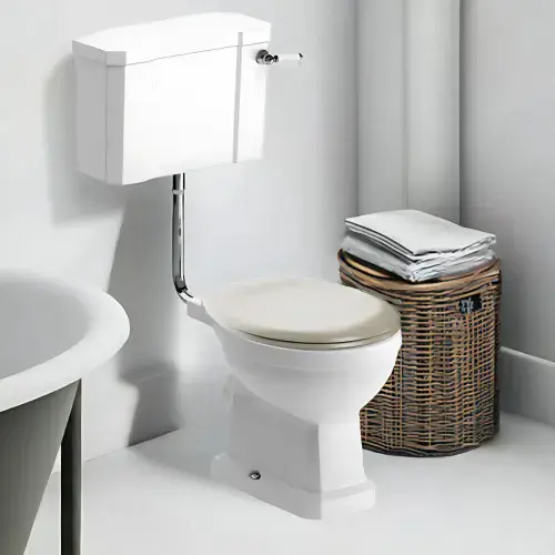 Victorian Style Low Level Toilet with Matt Latte Soft Close Seat