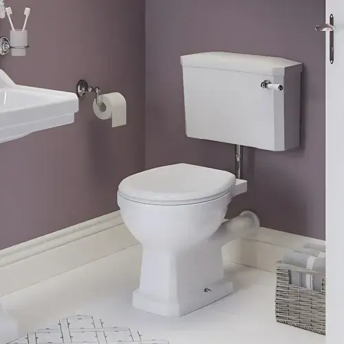 Victorian Style Low Level Toilet With Satin White Wood Soft Close Seat