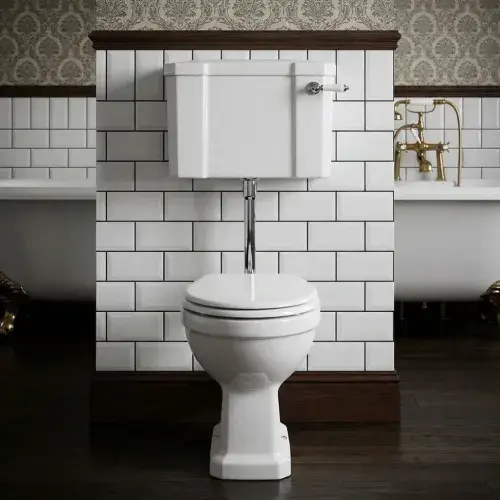 Victorian Style Low Level Toilet With Satin White Wood Soft Close Seat