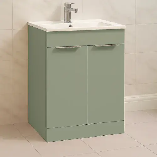 Vintage 615mm Floor Standing 2 Door Basin Unit with Basin, Matt Olive Green