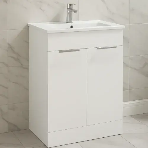 Vintage 615mm Floor Standing 2 Door Basin Unit with Basin, Matt White