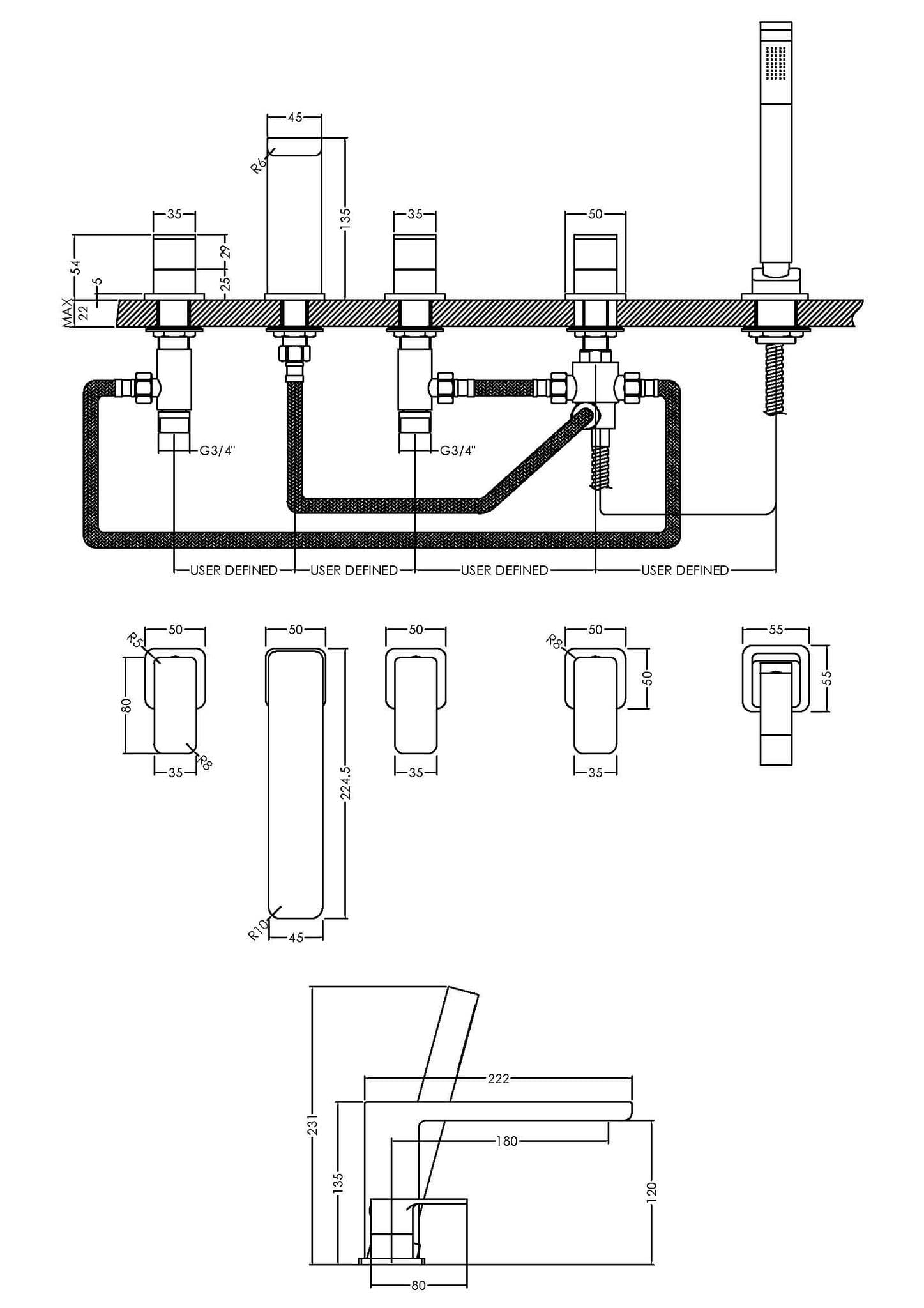 Nuie Windon Deck Mounted 5 Tap Hole Bath Shower Mixer | Chrome | Brass | 535mm X 135mm X 222mm