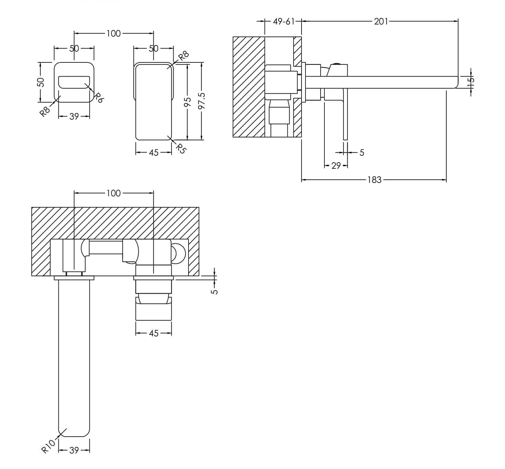 Elite Range Windon, Wall Mounted 2 Tap Hole Basin Mixer, Chrome