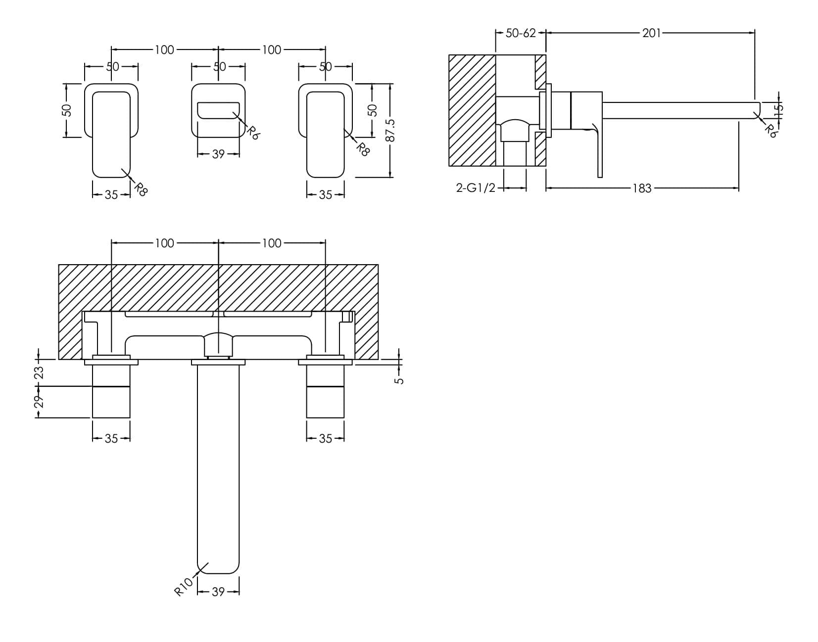 Nuie Windon Wall Mounted 3 Tap Hole Basin Mixer Tap | Chrome | Brass | 250mm X 75mm X 201mm