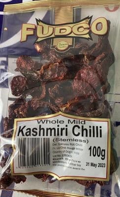 Whole Mild Kashmiri Chilli Stemless 100g Fudco
