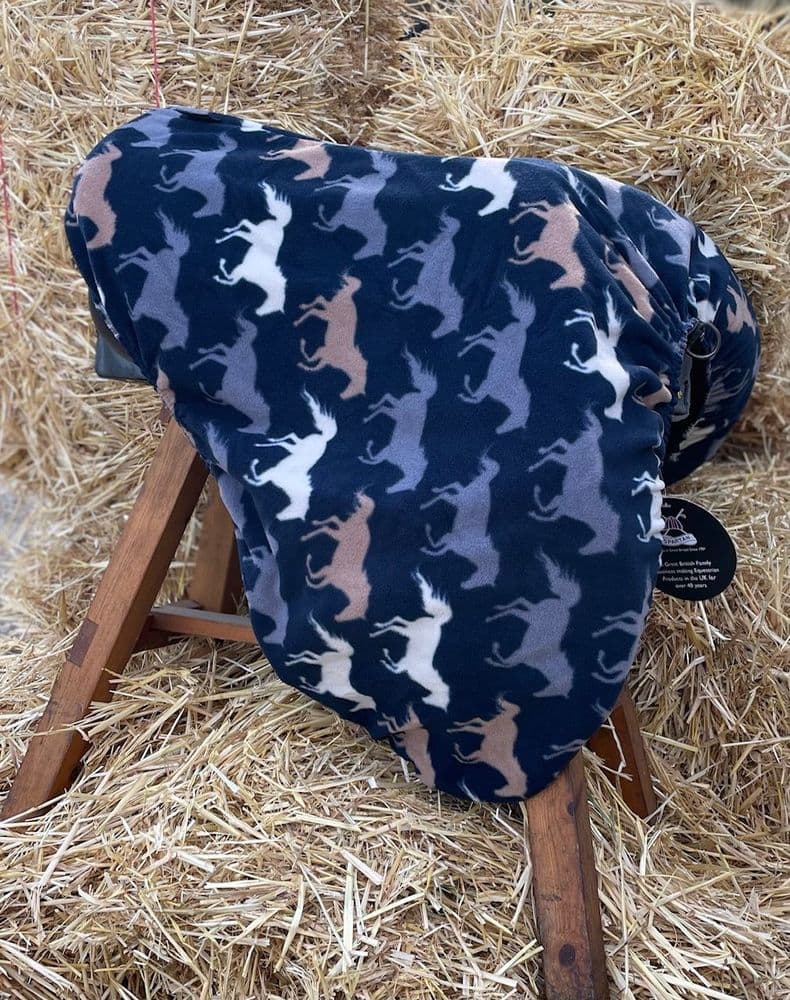 Fleece Saddle Covers Navy Running Horses