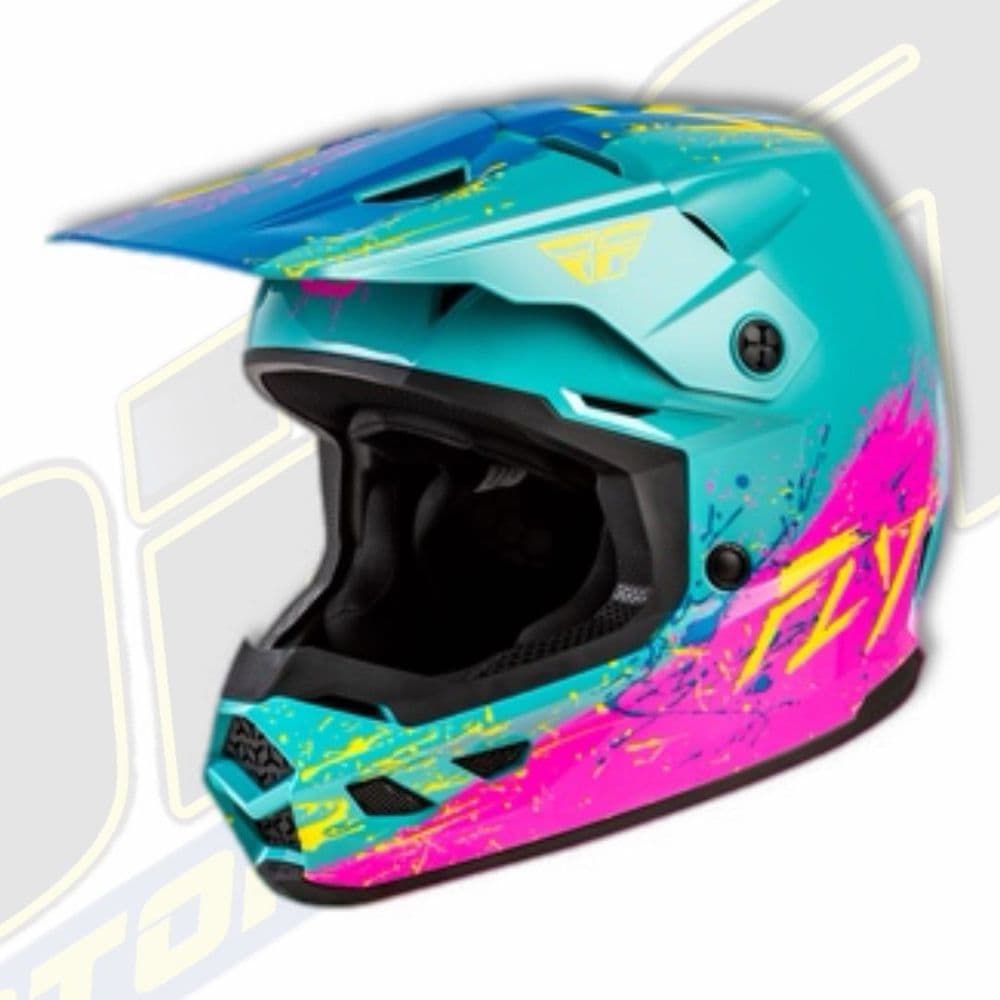 FLY Racing Kinetic YOUTH / KIDS Motocross MX Helmet - DRIP Turquoise / Pink / Yellow