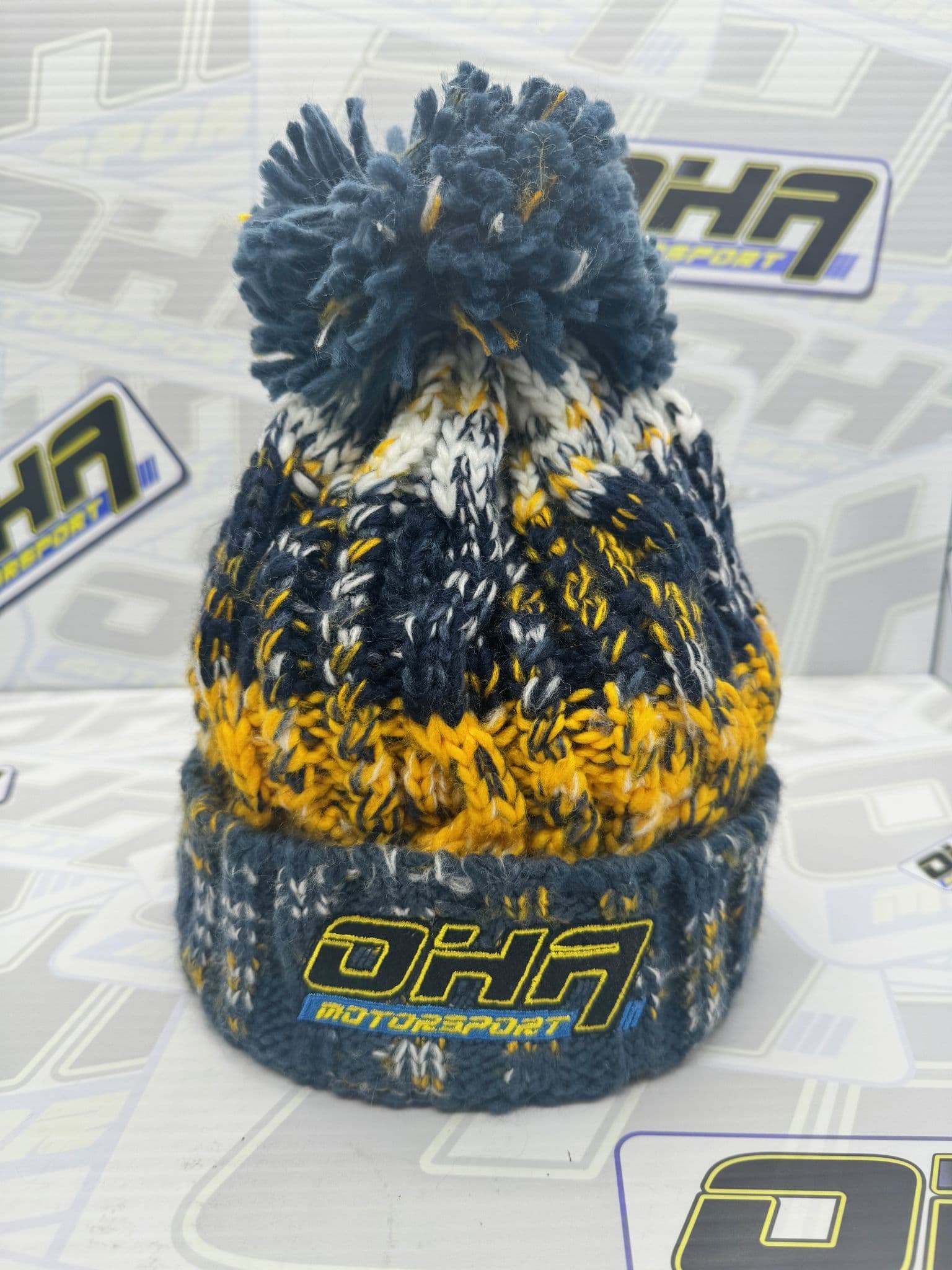 OHA Motorsport Bobble Beanie Hat Blue Yellow
