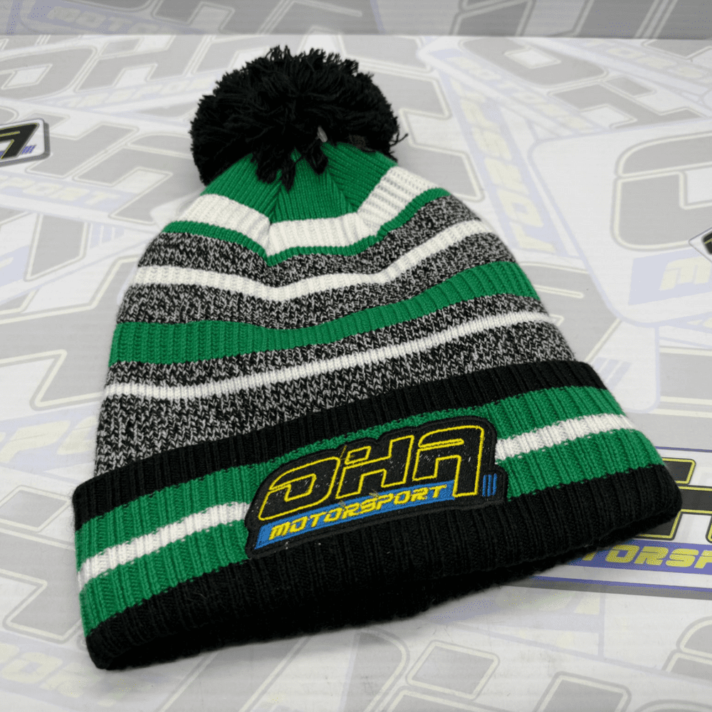 OHA Motorsport Bobble Beanie Hat -  Green Stripe