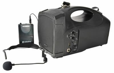 Adastra H25B Battery or Mains PA system + Wireless Head Mic USB FM BT + Strap