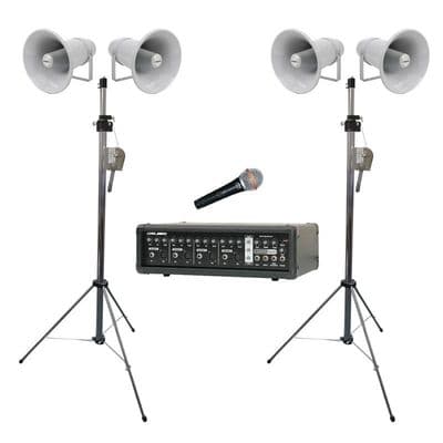 Outdoor PA 4 x Speakers with 2 x Tripod  Stands, Amplifier and Microphone Hire